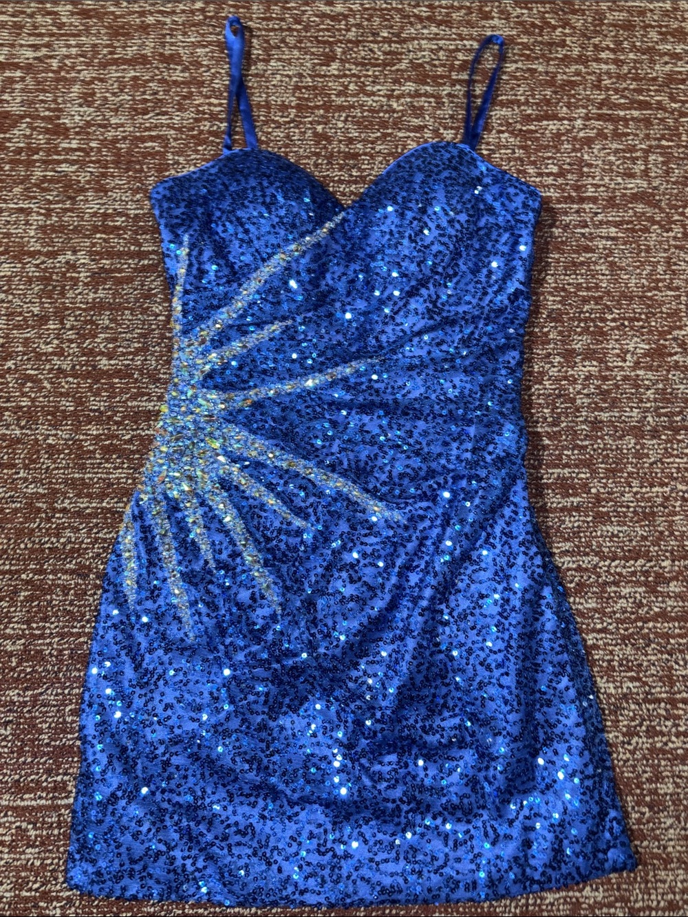 Dave & Johnny sequin mini dress rhinestone side starburst fitted spaghetti strap - Picture 3 of 14